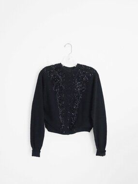 Vtg 60s Pringle of Scotland Black Cashmere Beaded Sequined Cardigan